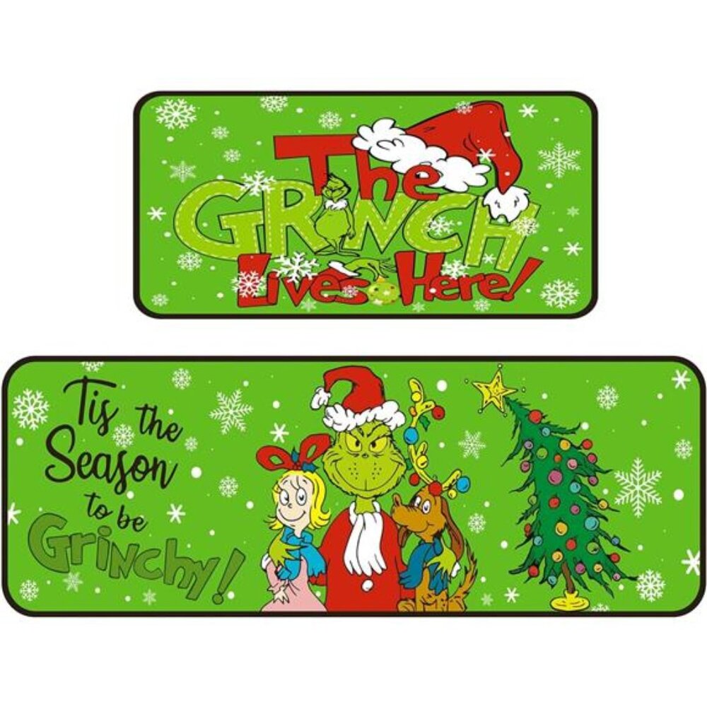 Set of 2 Grinch Christmas Kitchen Mats, Non-Slip Waterproof‎ Rugs, 17x29 & 17x48